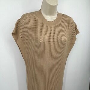 Natural Tan Ribbed Pointelle Knit Maxi Dress Cap Sleeve Column Dress XL, NWOT